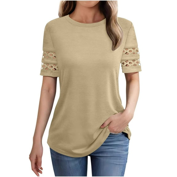 Wyobmus Women Casual T-Shirt Hollow Out Short Sleeve Tops Summer Round Neck Casual Tee Shirts 2025 Summer Fashin Clothes S-2X Beige