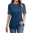 thumbnail image 1 of Wyobmus Women Casual T-Shirt Hollow Out Short Sleeve Tops Summer Round Neck Casual Tee Shirts 2025 Summer Fashin Clothes S-2X Navy, 1 of 4