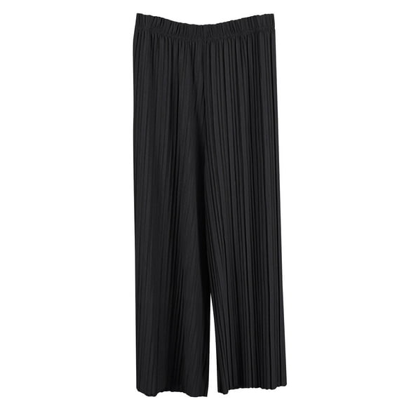 Wyobmus Women Chiffon Flowy Wide Leg Pants Lightweight Stretchy High Waisted Pleated Trousers Summer Beach Vacation Palazzo Pants Black