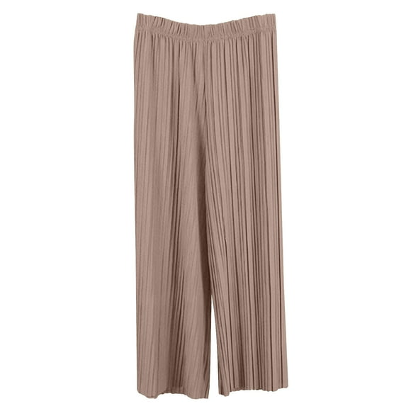 Wyobmus Women Chiffon Flowy Wide Leg Pants Lightweight Stretchy High Waisted Pleated Trousers Summer Beach Vacation Palazzo Pants Khaki