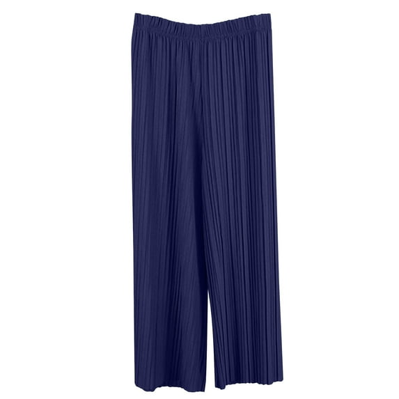 Wyobmus Women Chiffon Flowy Wide Leg Pants Lightweight Stretchy High Waisted Pleated Trousers Summer Beach Vacation Palazzo Pants Navy