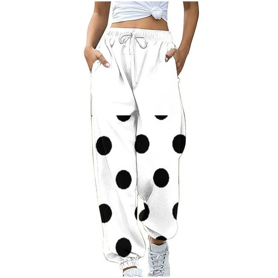 Wyobmus Women Comfy Cotton Sweatpants Fashion Polka Dots Print Drawstring Elastic Closed Bottom Lounge Pants With Pockets White