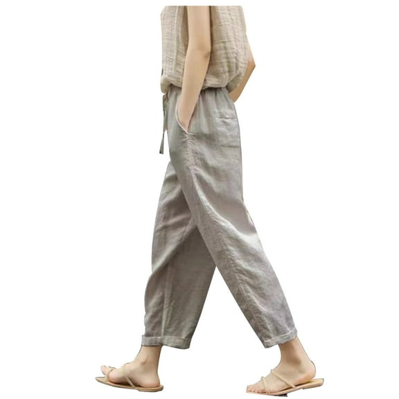 Wyobmus Women Cotton Linen Pants Casual Comfy High Waist Drawstring Straight Leg Pants Lightweight Summer Beach Linen Pants A-Gray