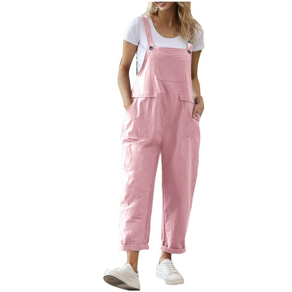Wyobmus Women Cotton Linen Rompers Casual Loose Sleeveless Bib Pants Straps Adjustable Overalls Baggy Wide Leg Jumpsuits With Pockets Pink