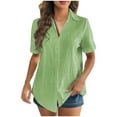 thumbnail image 1 of Wyobmus Women Cotton Linen Shirts Rolled Cuffed Short Sleeved Button Down Shirt Solid Color Summer Casual V Neck Shirt Tops S-3X A-Green, 1 of 7