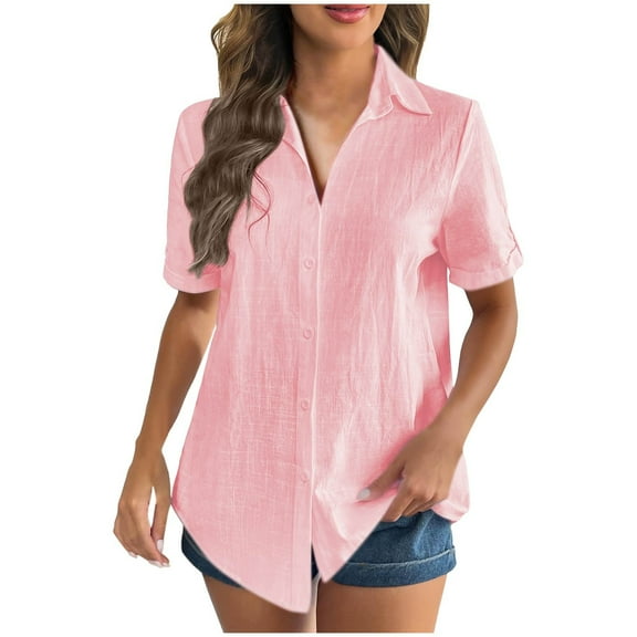 Wyobmus Women Cotton Linen Shirts Rolled Cuffed Short Sleeved Button Down Shirt Solid Color Summer Casual V Neck Shirt Tops S-3X A-Pink