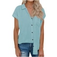 thumbnail image 1 of Wyobmus Women Cotton Linen Shirts Rolled Cuffed Short Sleeved Button Down Shirt Solid Color Summer Casual V Neck Shirt Tops S-3X B-Blue, 1 of 9