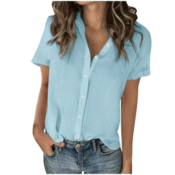 Wyobmus Women Cotton Linen Shirts Rolled Cuffed Short Sleeved Button Down Shirt Solid Color Summer Casual V Neck Shirt Tops S-3X C-Blue