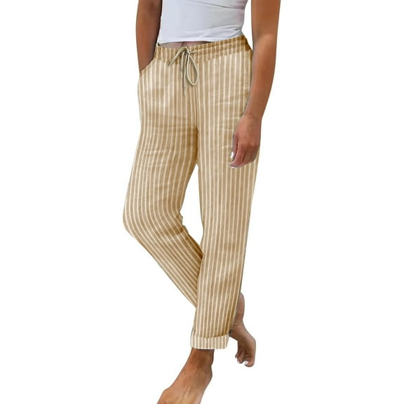 Wyobmus Women Cotton Linen Striped Pants Loose Straight Leg Trousers Casual Elastic Waist Drawstring Pants Comfy Lounge Pants With Pockets S-3X A-Khaki