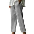 thumbnail image 1 of Wyobmus Women Cotton Linen Striped Pants Loose Straight Leg Trousers Casual Elastic Waist Drawstring Pants Comfy Lounge Pants With Pockets S-3X B-Gray, 1 of 6