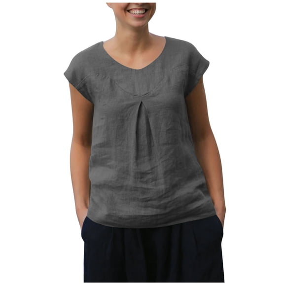 Wyobmus Women Cotton Linen Tank Tops Cap Sleeve Tank Shirt Summer Sleeveless V Neck Loose Pleated Front Casual Tops Shirts Dark Gray
