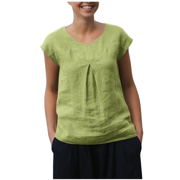 Wyobmus Women Cotton Linen Tank Tops Cap Sleeve Tank Shirt Summer Sleeveless V Neck Loose Pleated Front Casual Tops Shirts Green