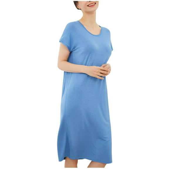Wyobmus Women Crew Neck Nightgowns Casual Solid Short Sleeve Pajama Dress Soft Modal Sleepshirt Comfortable Plus Size Homewear Sleepwear With Chest Cushion Blue