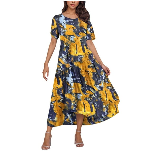 Wyobmus Women Dress Short Sleeve Boat Neck Maxi Dress Casual Floral Printed Aline Flowy Tshirt Dress Vocation Beach Sundress F-Yellow