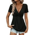 thumbnail image 1 of Wyobmus Women Fashion T Shirt Front Knotted Deep V-Neck Peplum T Shirt Short Sleeve Ruched Tunic Tops Summer Solid Pullover Tees Black, 1 of 8