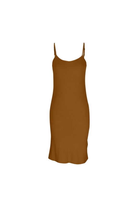 Women Full Slips Soft Crewneck Slip Dress Adjustable Spaghetti Strap Cami Under Dress Comfy Negligee for Ladies Coffee*