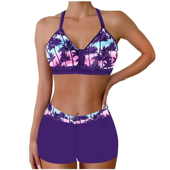 Wyobmus Women High Waist Swimsuit Bikini Set Vintage Two Piece Bathing Suit Tummy Control Halter Swimwear With Double Spaghetti Straps J-Purple