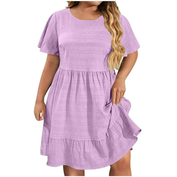 Wyobmus Women L-5XL Dress Plus Size Summer Dresses Loose Short Sleeve Tiered Midi Dress Casual Round Neck Beach Vacation Sundress B-Purple