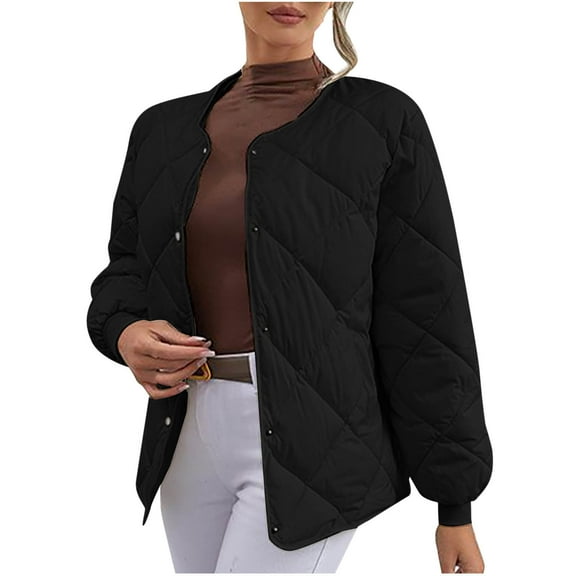 Wyobmus Women Lightweight Quilted Jackets Flight Jacket Soft Casual Winter Button Down Coats Solid Long Sleeve Padded Jacket With Pockets Black