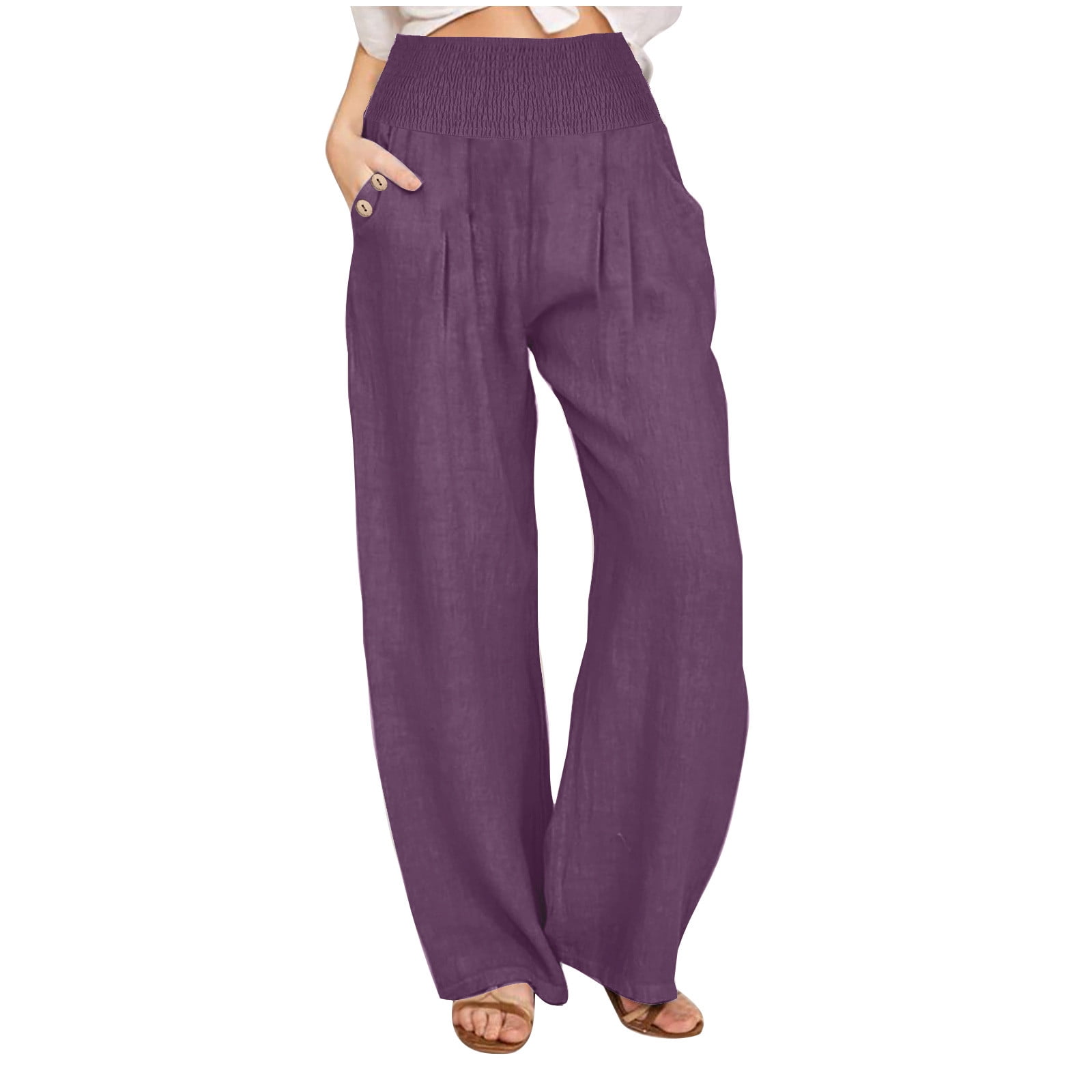 Women's Solid Colored Height Waist Pants, Natural Linen Summer Vacation Pants