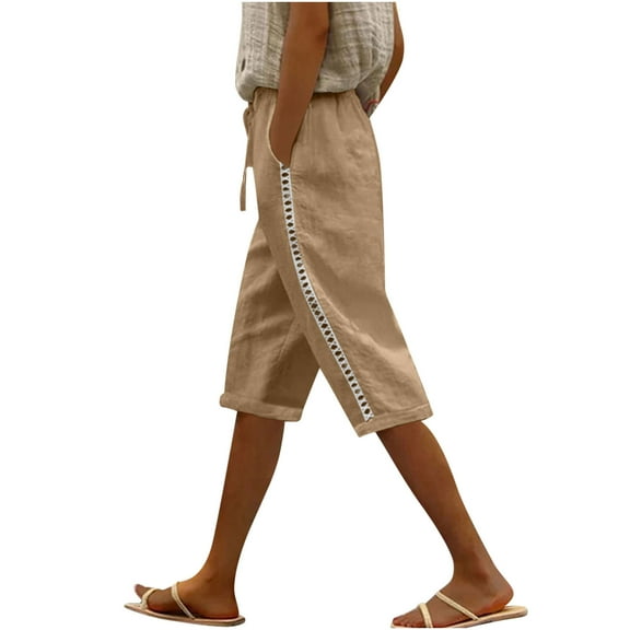 Wyobmus Women Linen Summer Shorts Casual Lightweight Bermuda Side Cross Mesh Shorts Wide Leg High Waisted Drawstring Short Khaki