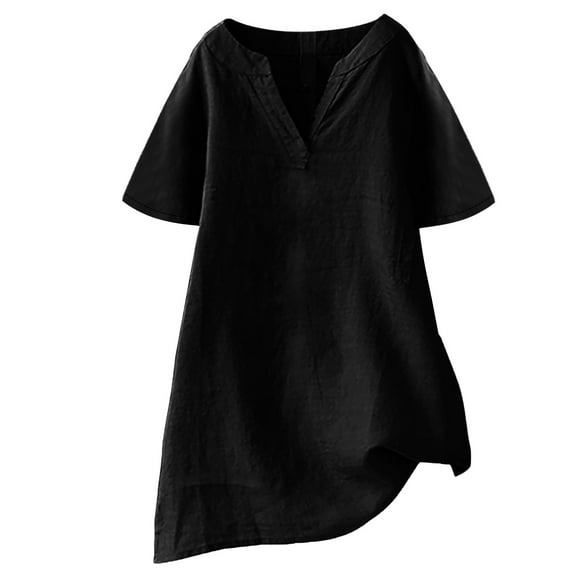Wyobmus Women Linen T Shirt Lightweihgt Short Sleeve Long Blouse Summer Casual V Neck Cotton Tunic Shirts Black