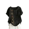 thumbnail image 1 of Wyobmus Women Linen T Shirts Plus Size Cotton Short Sleeve Button Blouses Crew Neck Floral Printed Button Tops A-Black, 1 of 3