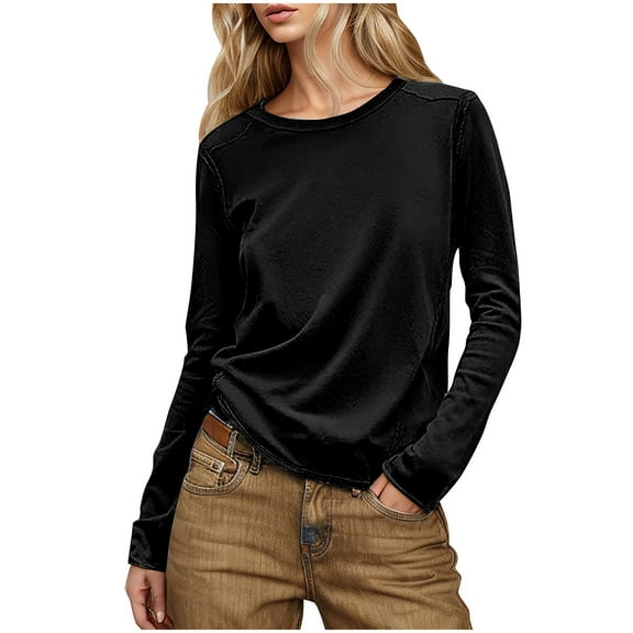 Wyobmus Women Long Sleeve Shirt Novelty Back Patchwork Tops Casual Slooe Fit Solid Color Round Neck Pullover Blouse S-2X Black