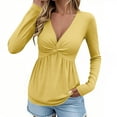 thumbnail image 1 of Wyobmus Women Long Sleeve T-Shirt Casual V-Neck Front Knotted Blouse Shirt Elegant Business Work Shirt Solid Color Pullover Tops Yellow, 1 of 9