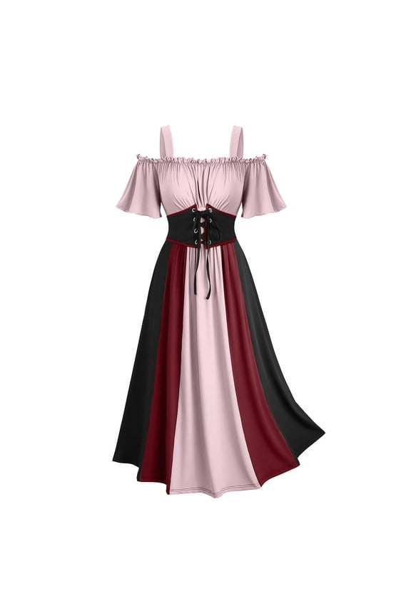 Women Medieval Renaissance Dress Cold Shoulder Gothic Maxi Dress Vintage Victorian Dresses Lace Up Witch Corset Dress Pink