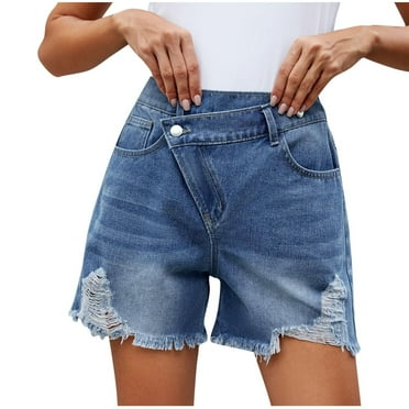 Wyobmus Women Mid Rise Ripped Stretchy Jeans Shorts Frayed Raw Hem Casual Button Denim Shorts Light Blue