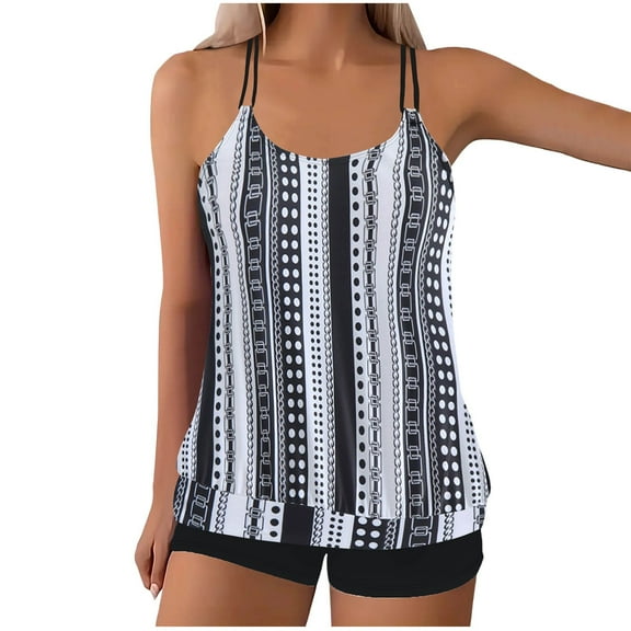 Wyobmus Women Modest Tankini Swimsuit Tummy Control Vintage Printed Swimwear Two Piece Bathing Suits Double Spaghetti Straps Swim Tank Top With Boyshorts F-Black