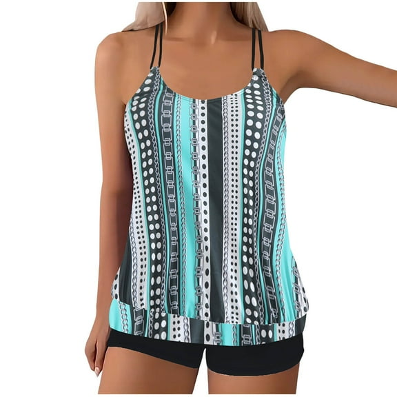Wyobmus Women Modest Tankini Swimsuit Tummy Control Vintage Printed Swimwear Two Piece Bathing Suits Double Spaghetti Straps Swim Tank Top With Boyshorts F-Blue