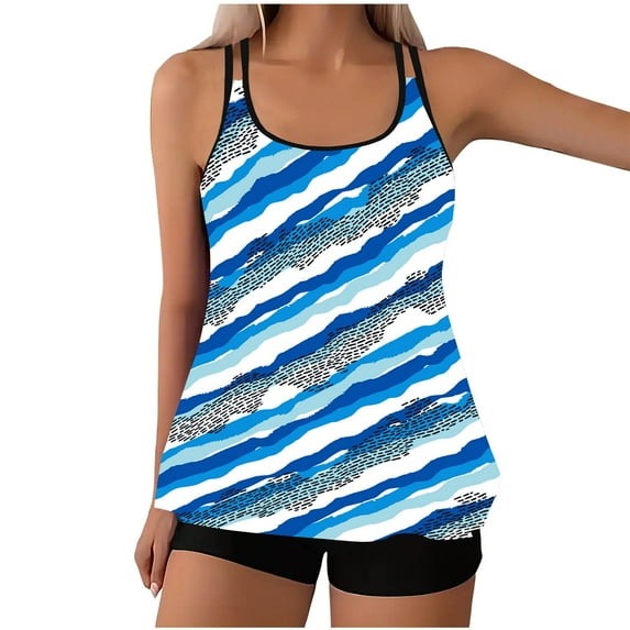 Wyobmus Women Modest Tankini Swimsuit Tummy Control Vintage Stripe Printed Swimwear Two Piece Bathing Suits Double Spaghetti Straps Swim Tank Top With Boyshorts B-Blue