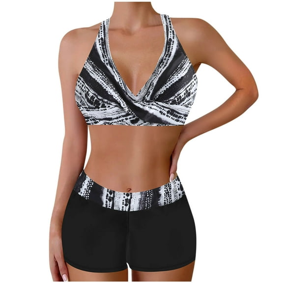Wyobmus Women Plus Size Bikini Sets Tummy Control 2 Piece Swimsuits V Neck Criss Cross Beachwear Twist Front Printing Bathing Suit B-Gray