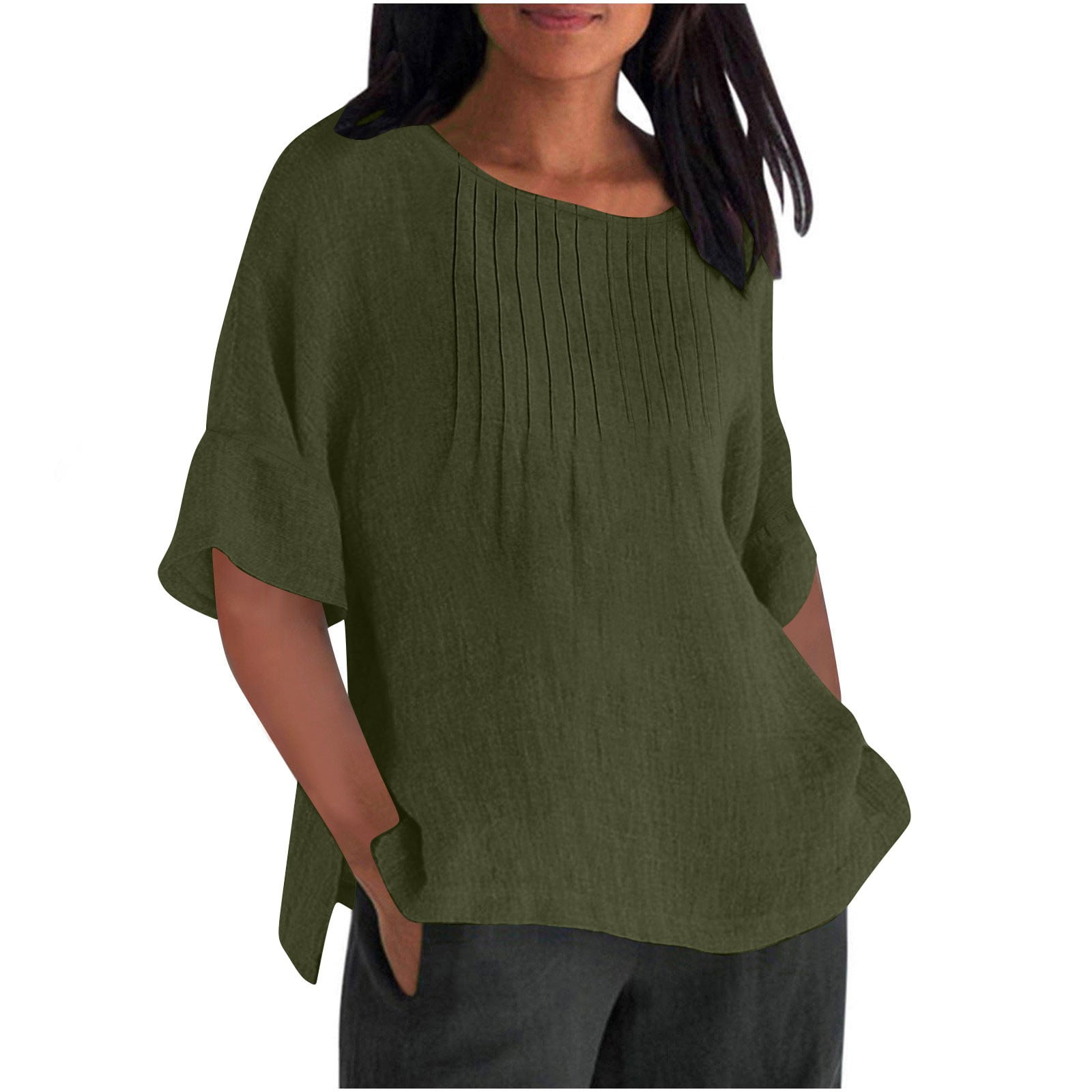 Plus Size Yellow Half Sleeve Cotton Linen Summer Top main image 1