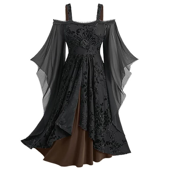 Wyobmus Women Renaissance Medieval Maxi Dresses Vintage Lace Flare Sleeve Gothic Dress Cold Shoulder Lace-Up Suspender Medieval Witch Dresses Dress Halloween Outfits Coffee