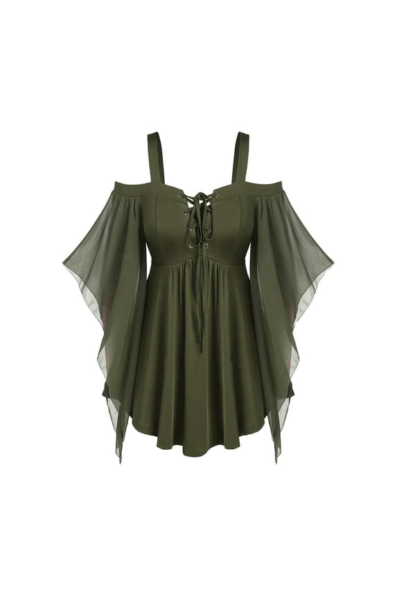 Women Renaissance Medieval Mini Dress Cold Shoulder Lace-Up Suspender Corset Halloween Outfits Vintage Lace Flare Sleeve Gothic Dress C-Olive Green