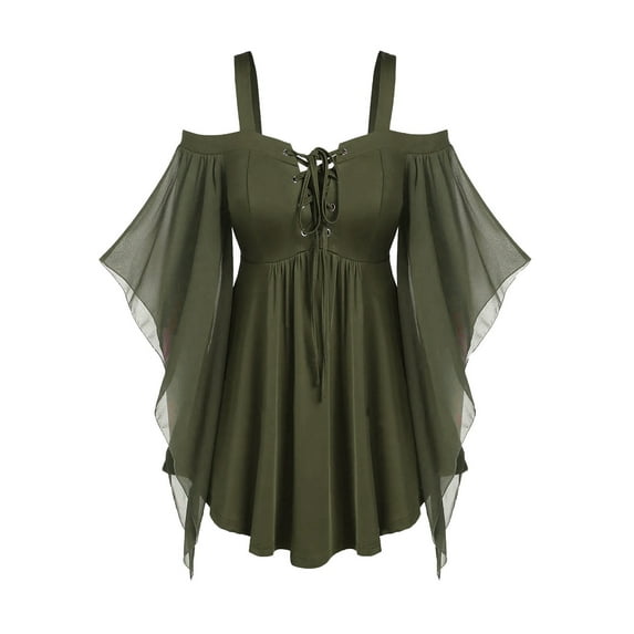 Wyobmus Women Renaissance Medieval Mini Dress Cold Shoulder Lace-Up Suspender Corset Halloween Outfits Vintage Lace Flare Sleeve Gothic Dress C-Olive Green