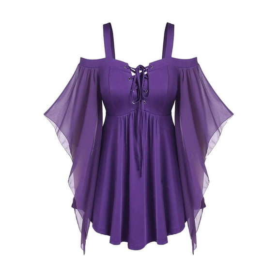 Wyobmus Women Renaissance Medieval Mini Dress Cold Shoulder Lace-Up Suspender Corset Halloween Outfits Vintage Lace Flare Sleeve Gothic Dress C-Purple