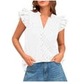 thumbnail image 1 of Wyobmus Women Ruffle Cap Sleeve Shirts Summer Eyelet Tops Dressy Casual V Neck Business Shirts Lace Embroidered Flowy Blouses S-2X White, 1 of 5