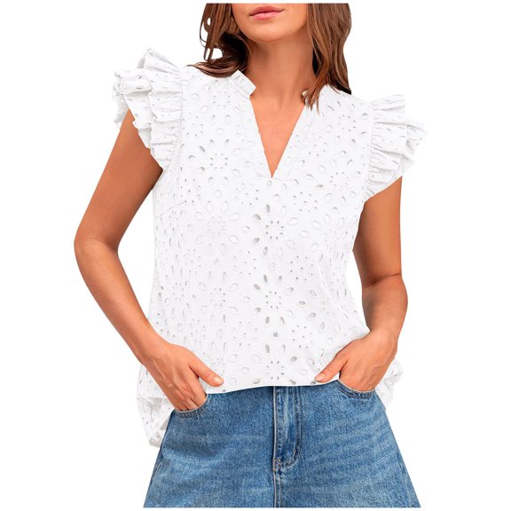 Wyobmus Women Ruffle Cap Sleeve Shirts Summer Eyelet Tops Dressy Casual V Neck Business Shirts Lace Embroidered Flowy Blouses S-2X White
