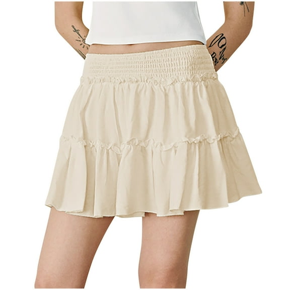Wyobmus Women’S Mini Layered Skirt Built In Shorts Ruffle High Smock Waist Skort Solid Flowy Cute Summer Elastic Waist Skirts A-Beige