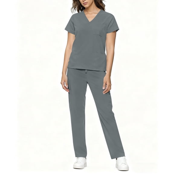 Wyobmus Women Scrub Suit Set Modern Fit 4-Way Stretch Scrubs Short Sleeved V Neck Scrub Top with Straight Leg Scrub Pants Casual Nursing Uniform Set C-Gray