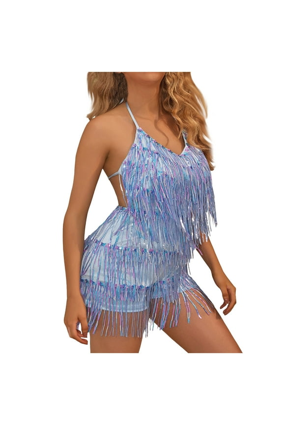 Women Sequin Fringe Romper Sparkly Glitter Backless Short Jumpsuits Latin Dance One Piece Outfit Blue