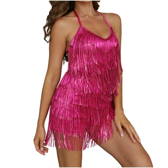 Wyobmus Women Sequin Fringe Romper Sparkly Glitter Backless Short Jumpsuits Latin Dance One Piece Outfit Blue