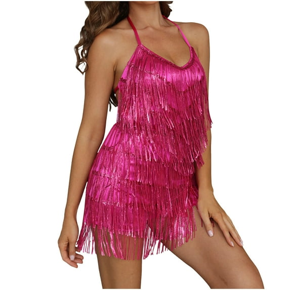 Wyobmus Women Sequin Fringe Romper Sparkly Glitter Backless Short Jumpsuits Latin Dance One Piece Outfit Blue