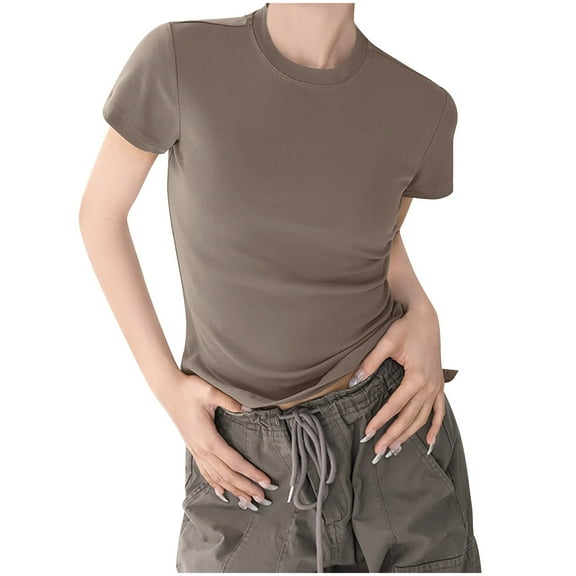 Wyobmus Women Short Sleeve Crop Tops Trendy Cotton Slim Fitted Tees Basic Crew Neck T Shirts Tight Cropped Tops Blouse Coffee