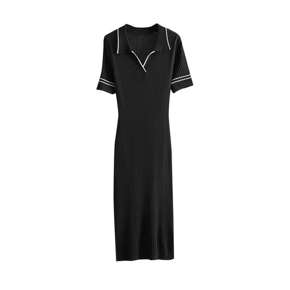Wyobmus Women Short Sleeve Knit Sweater Dress Lightweight Stretch Comfy Turndown Collar Maxi Dress Solid Color Knit Dress D-Black