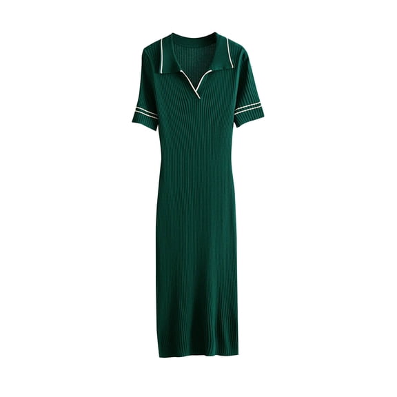 Wyobmus Women Short Sleeve Knit Sweater Dress Lightweight Stretch Comfy Turndown Collar Maxi Dress Solid Color Knit Dress D-Green